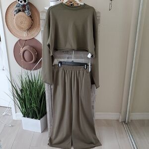 Commense Olive Green Lounge Cropped Sweatshirt And Skirt